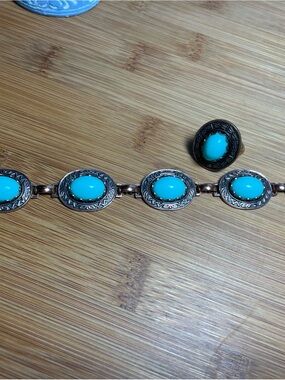 Vintage Solid Copper w/ Faux Turquoise Stones Bracelet & Adjustable Ring